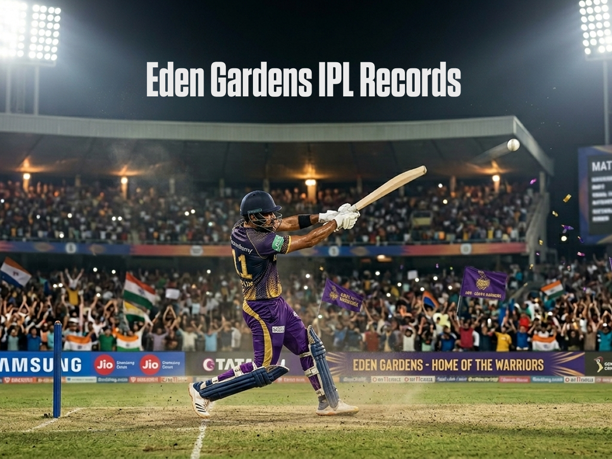A wide-angle, realistic shot of a Kolkata Knight Riders batsman hitting a powerful lofted shot at Eden Gardens, surrounded by cheering fans and purple flags under bright stadium floodlights.