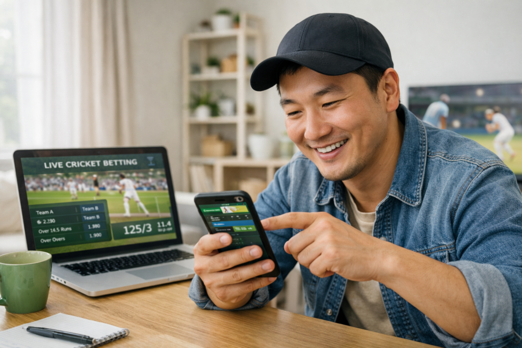 A bettor with laptop displaying cricket match data and scoring interface
